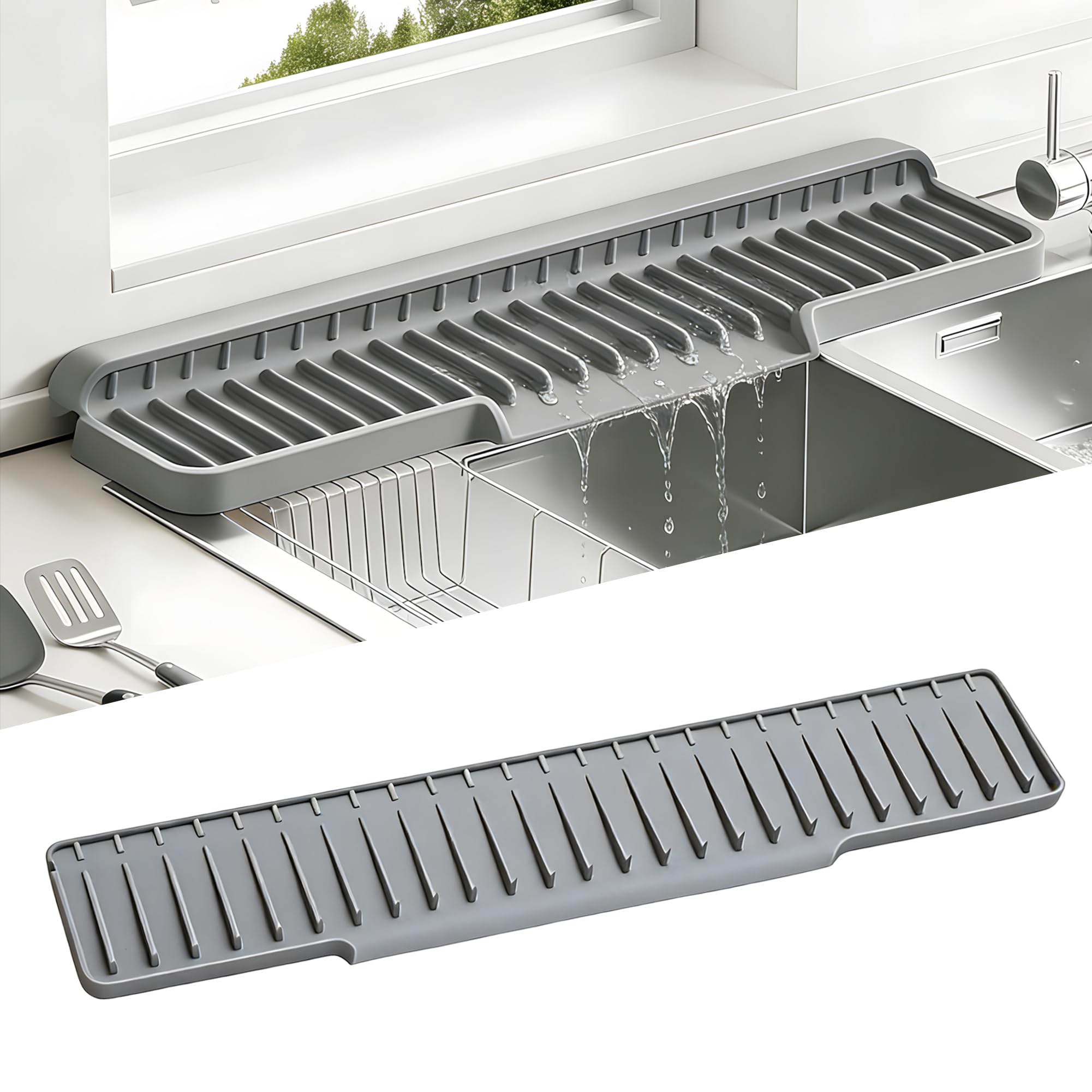 Volminex Silicone Sink Faucet Mat, Kitchen Splash Guard, Grey, 60×12cm