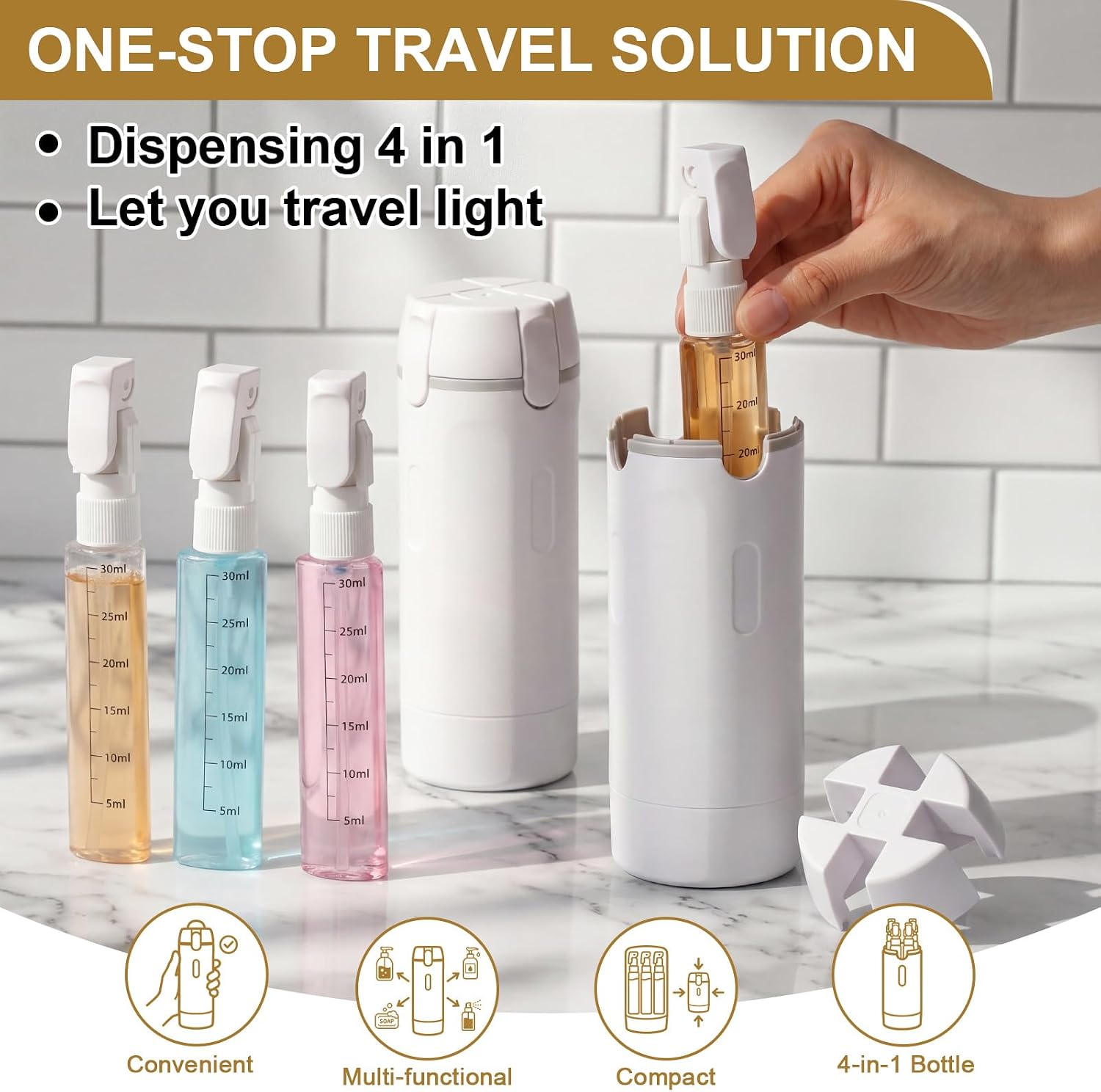 Domensi 2 Pack 4 in 1 Travel Dispenser with 30ml Travel Bottles and Label Refillable & Leak Proof Portable Toiletry Containers with Locks for Shampoo Lotion Conditioner Cream (White)