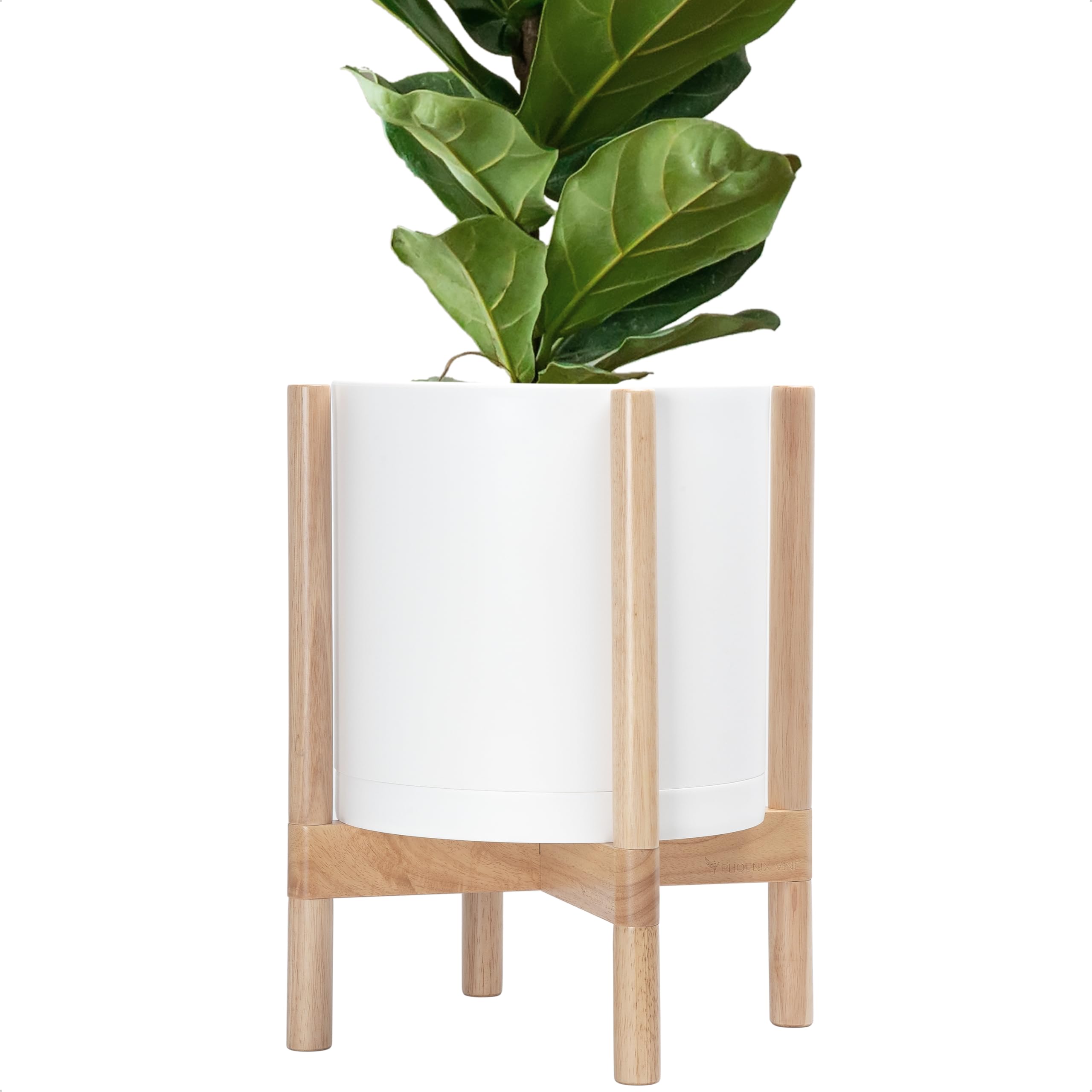 Photo 1 of ***POT MISSING***D'vine Dev Planter Pot with Stand - 12 Inch Plastic Cylinder Flower Pot with Wood Planter Holder for Indoor, Matte White Pot + Natural Stand, 55-C-P-1***POT MISSING***
