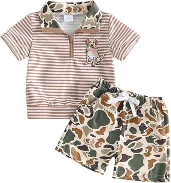 WZTYYDS Toddler Baby Boy Summer Clothes Camouflage Quarter Zip Short Sleeve T Shirt Shorts 2 Piece Outfits Set