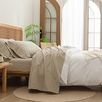 BESTOUCH King Sheet Set 4PC 100% Washed Cotton Linen Feel Super Soft Breathable Almond Milk Grey Bedding