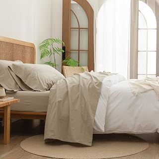 BESTOUCH King Sheet Set 4PC 100% Washed Cotton Linen Feel Super Soft Breathable Almond Milk Grey Bedding