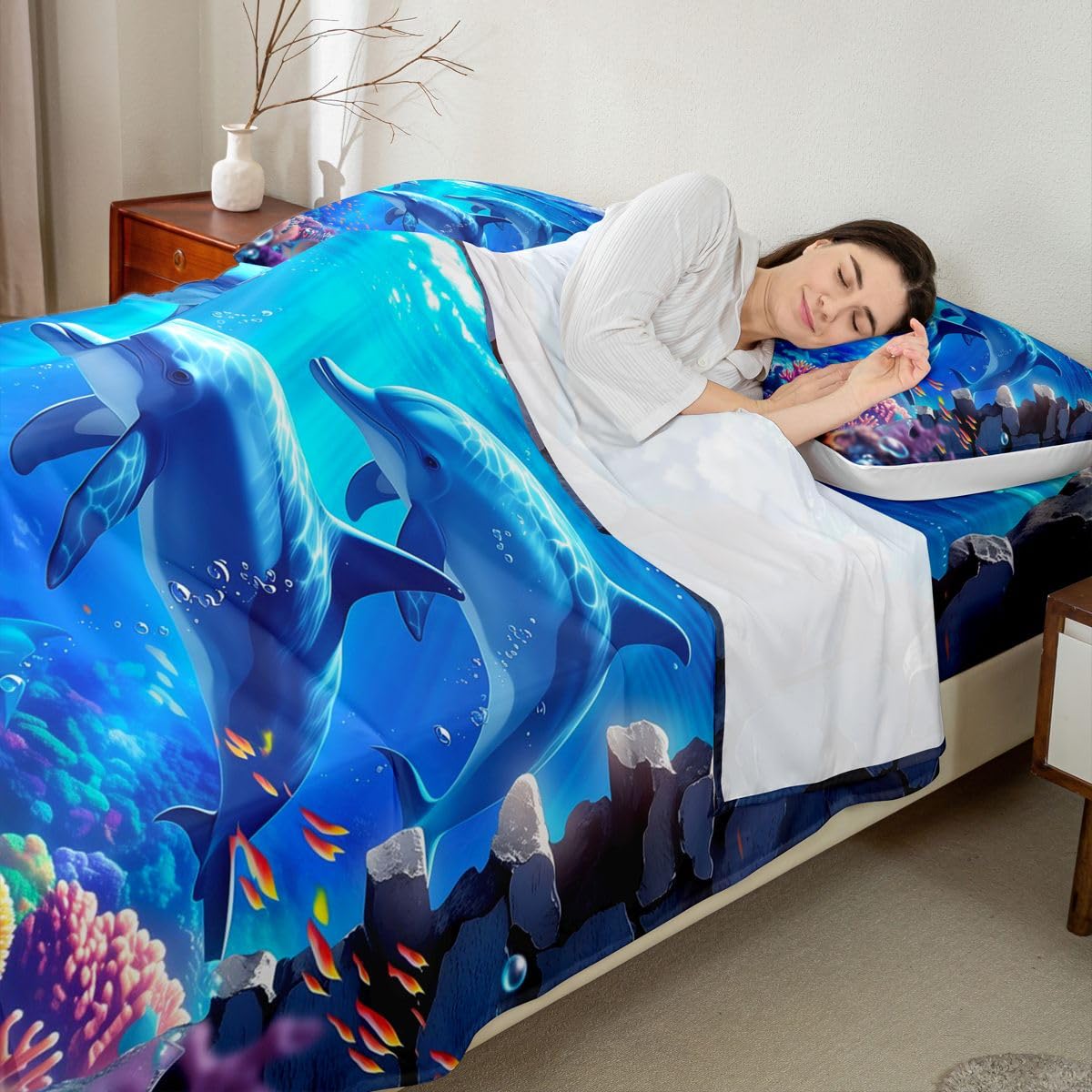 Homewish Ocean Waves zestaw pościeli podwójny ocean delfiny rafa koralowa prześcieradła niebieskie morze niebo białe chmury zestaw prześcieradeł - urocza kreskówka życie morskie dopasowane