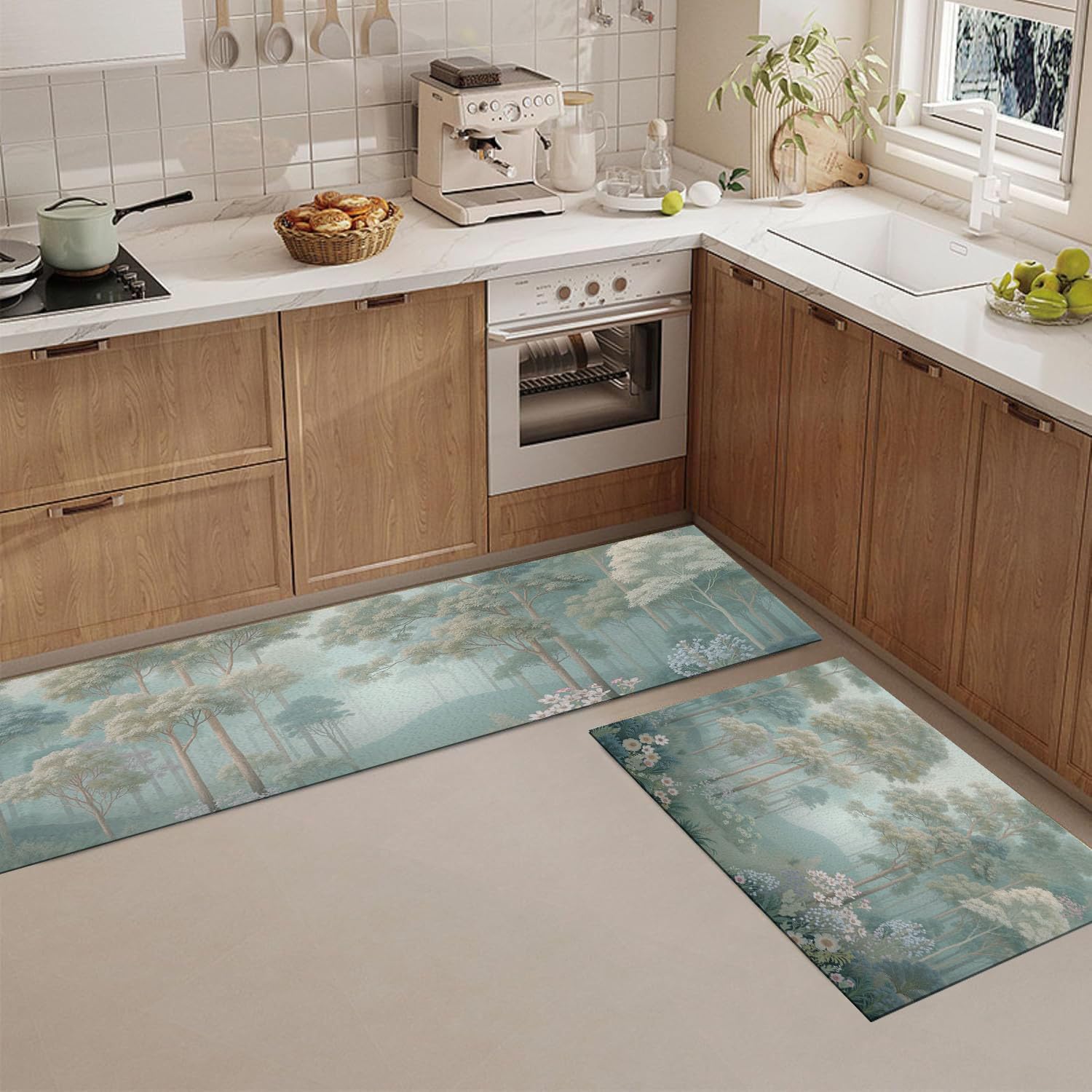 Alfombra de cocina antideslizante y lavable con un elegante diseño cian