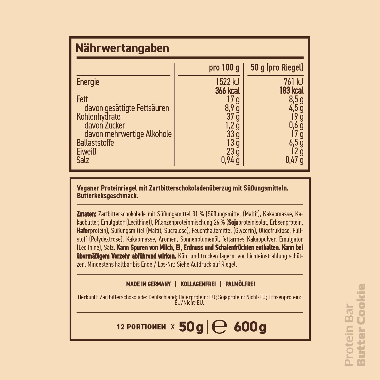 Rocka Nutrition Protein Bar I Veganer Proteinriegel mit 12 g Protein/Riegel I zuckerreduziert I voller Geschmack I 12 x 50g einzeln verpackte No Whey Bars (Butter Cookie)