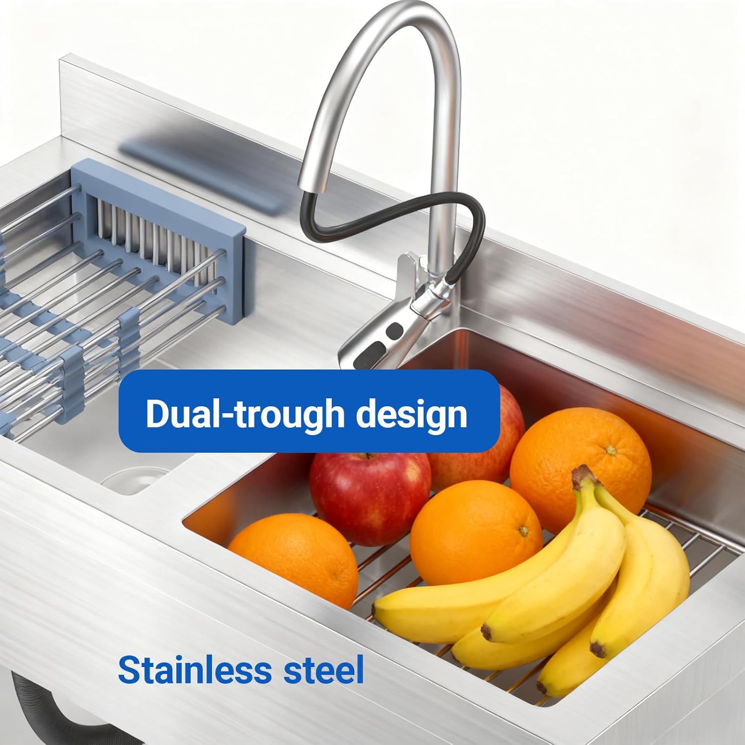 Stainless Steel Utility Double Bowl Sink with Faucet ，Drainboard & Lower Shelf - Heavy Duty Kitchen Prep & Cleaning Station for Restaurant, Garage, Laundry Room.