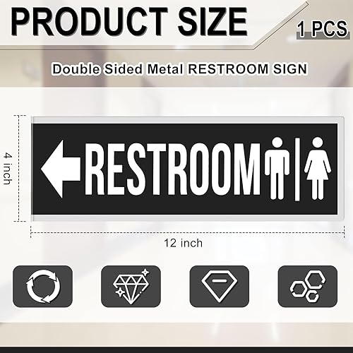 Miniatura 9 de Letrero de metal de doble cara de 12 x 4 pulgadas, letrero de baño de aluminio negro para puerta de baño de negocios, baño, decoración de pared con