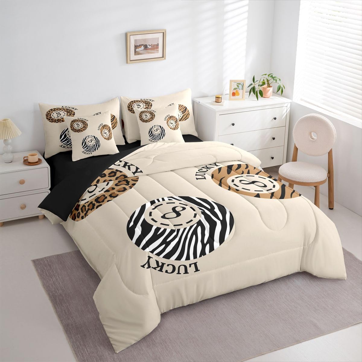 Erosebridal Y2K Modern Fashion Queen Bedding Set for Teen Girl Women | Leopard Lucky Ball Comforter Set Preppy Retro Zebra Cheetah Print 7-Piece Bed in a Bag Funky Y2K Trendy Quilt Sets