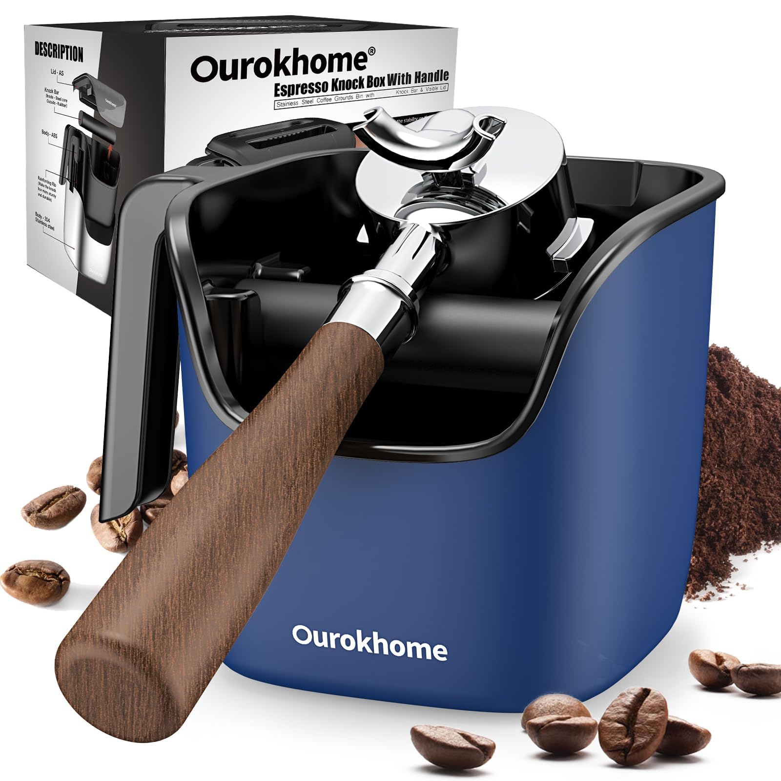 Ourokhome Knock Box Espresso Accessories, The Latest Patented Stainless Steel Espresso Machine Tool for Coffee Ground with Removable Knock Bar, Handle and Lid, Dishwasher Safe, 4.8 inch (Deep Blue)