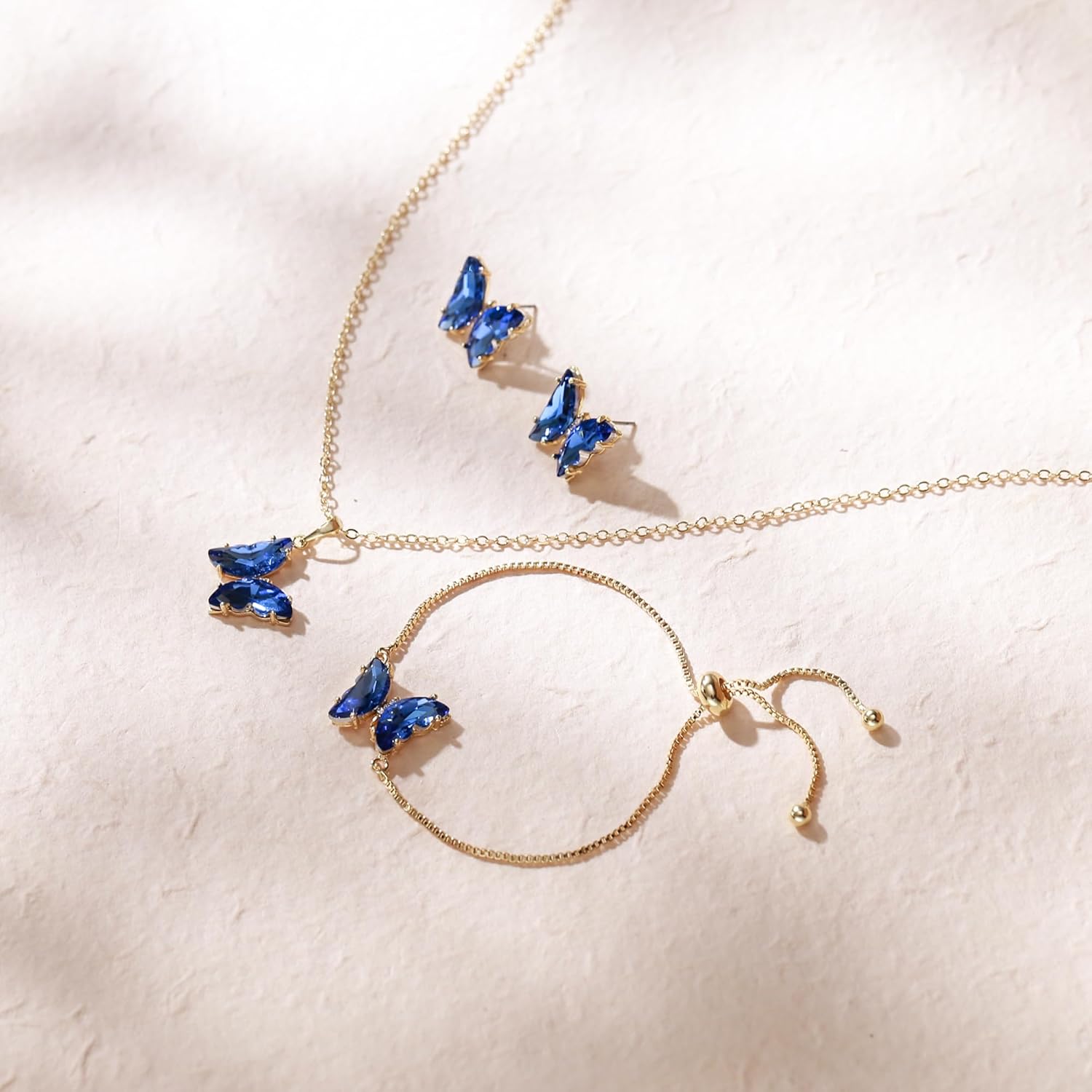 Crysdue Sparkling Cubic Zirconia Butterfly Necklace Stud Earrings Adjustable Slider Bracelet Jewelry Set, Birthday/Valentines/Mothers Day/Christmas Jewellery Gift for Women - Image 5