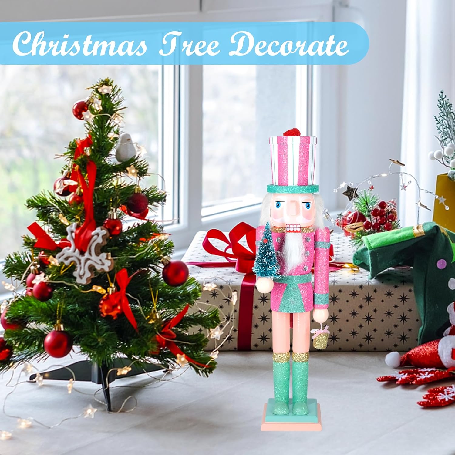Christmas Nutcracker Decor,15" Wooden Nutcracker Decorations,Collects Nutcracker Ornament for Festival Party Outdoor Xmas Gifts (Pink Christmas Tree)…