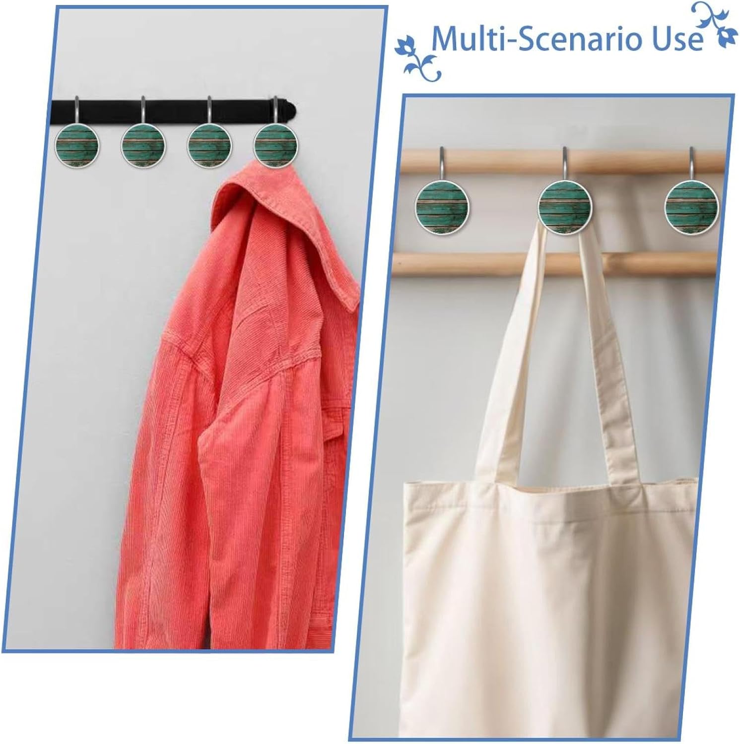 12 Pack Rustic Distressed Teal Green Barn Wood P (2) Shower Curtain Hooks Rings, Durable Shower Hooks for Liner, Shower Rings for Curtain and Bathroom Shower Rod