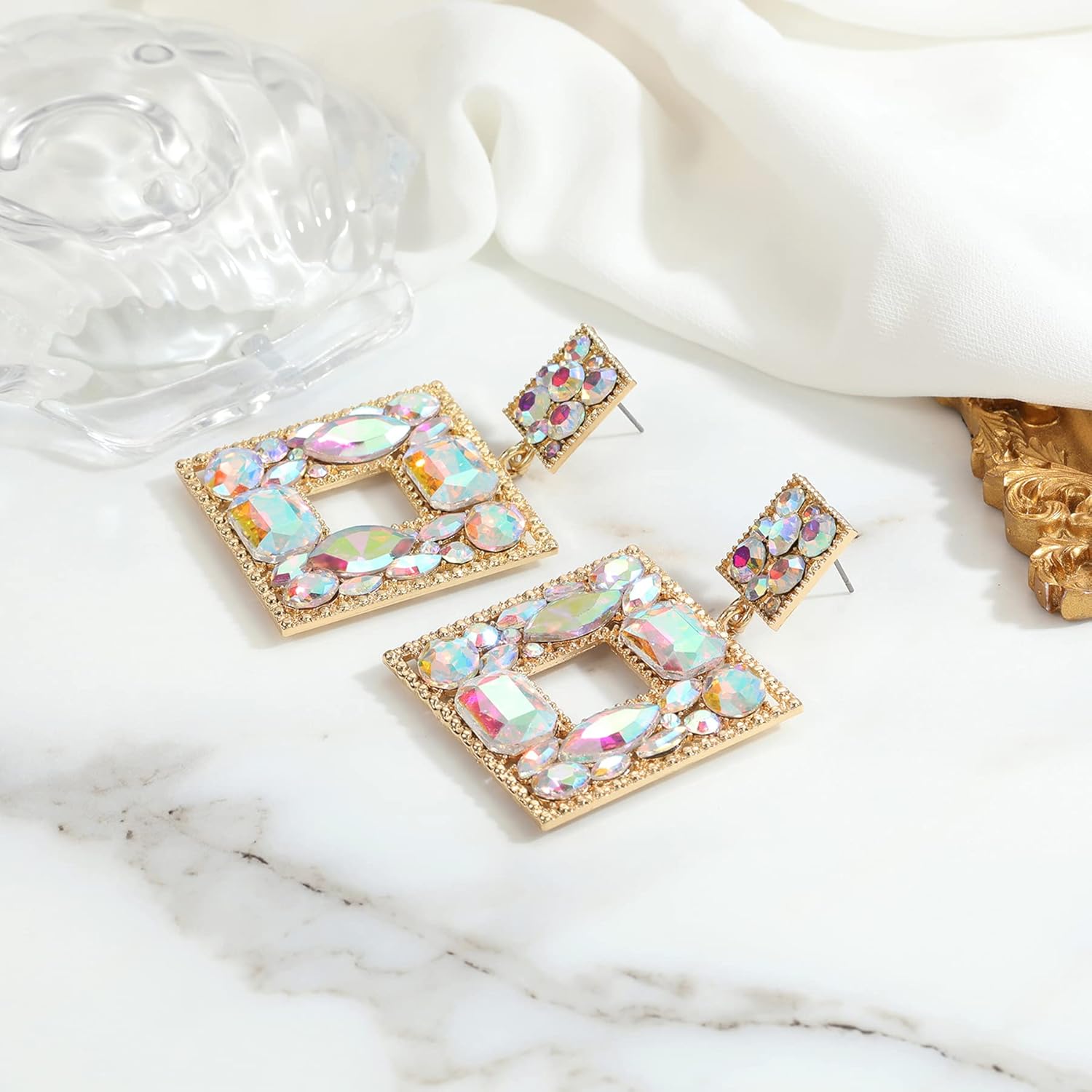 Rhinestone Square Statement Dangle Earrings Trendy Crystal Geometric Drop Earrings Hypoallergenic Jewelry for Women Party - Image 2