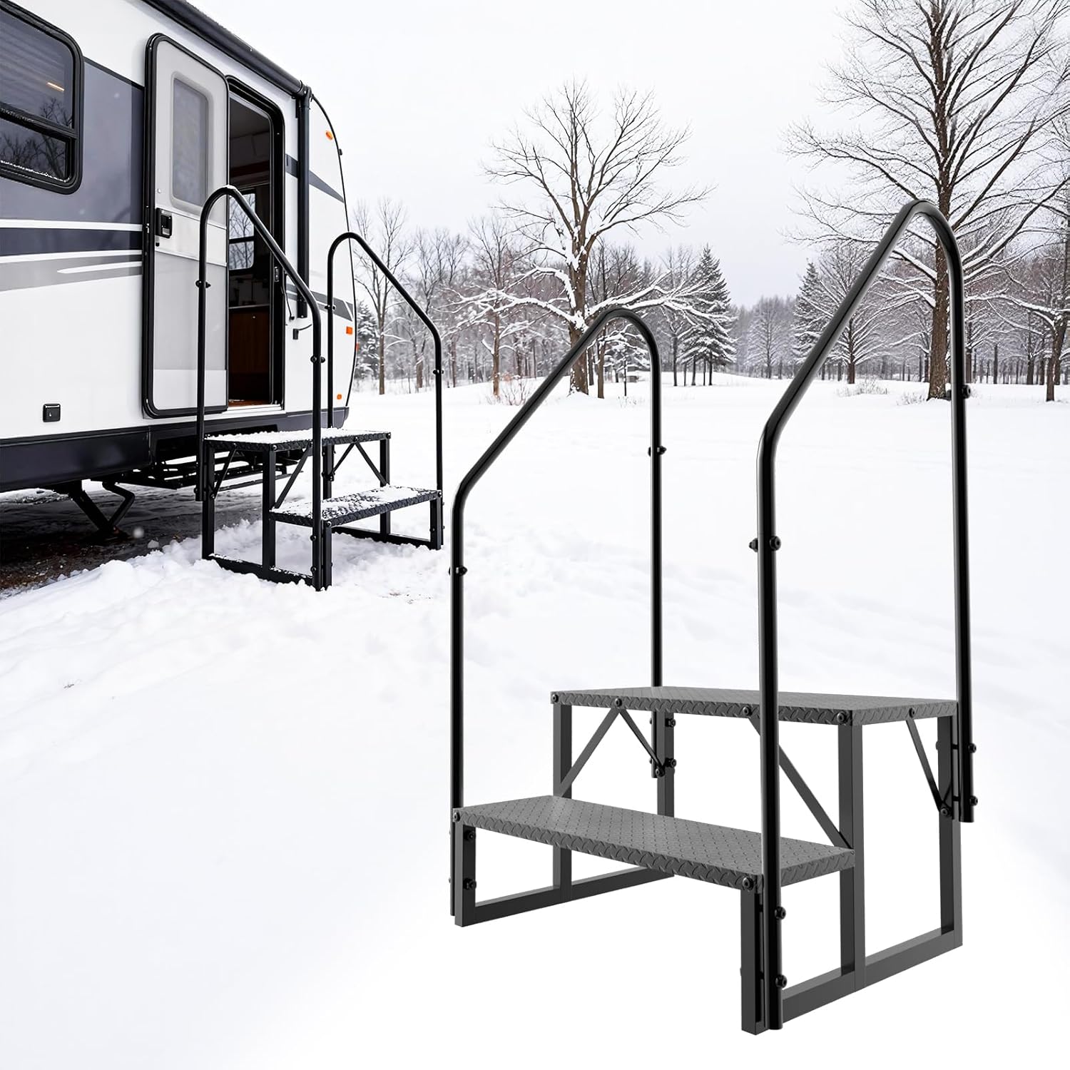 2 Step Stool Ladder, Hot Tub Steps with Anti-Slip Pedals and 2 Handrails, RV Stairs Outdoor, Heavy Duty Ladder for Travel Trailers Camper 5th Wheel RV Mobile Home Porch