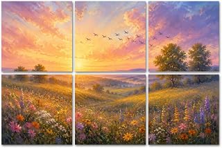 6 Pack Art Acoustic Panels Sound Absorbing Golden Field Wildflowers Birds Dreamy Sunset Landscape Decorative Soundproof Wall Panels Self Adhesive for Home Recording Studios 72"x48"