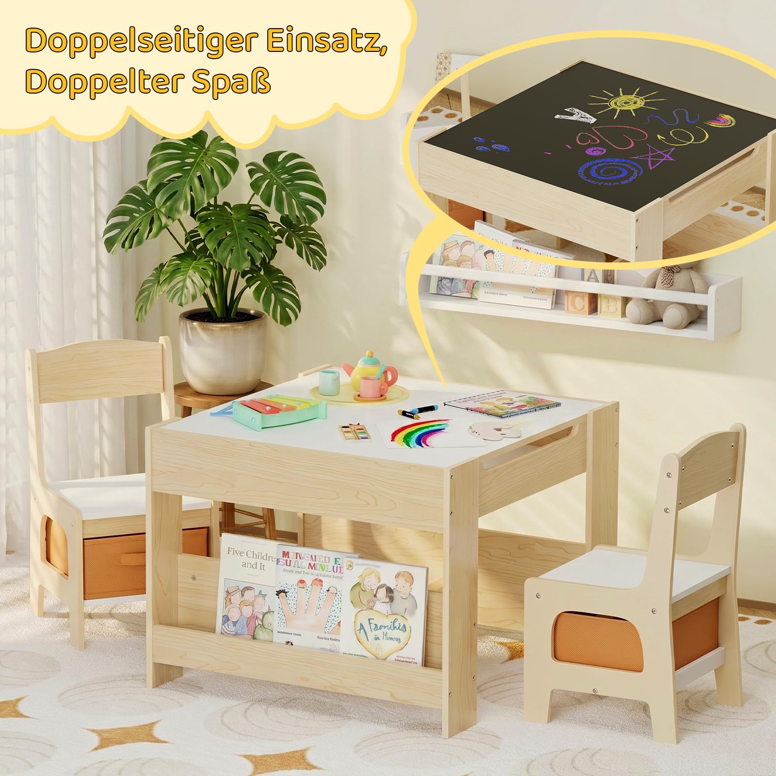 Clevich Kindersitzgruppe Holz mit Stauraum, Kindertisch mit 2 Stühlen, Holz | Tisch & Stühle Set mit Bücherregalen, Kinder Maltisch & Basteltisch, für Kinderzimmer, Spielzimmer, Kindermöbel ab 3 Jahren