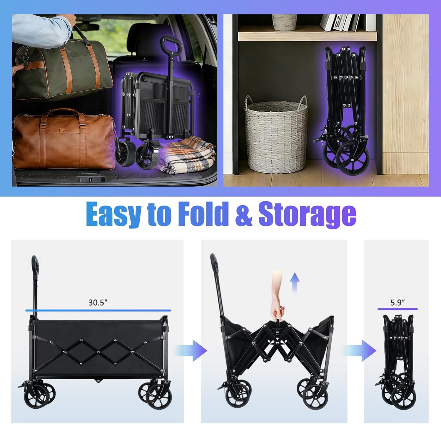 360LBS Collapsible Wagon Cart Foldable - Heavy Duty Portable Utility Folding Beach Wagon Cart with 360° Swivel Wheels & Brakes for Groceries Garden Beach Sports Shopping Camping