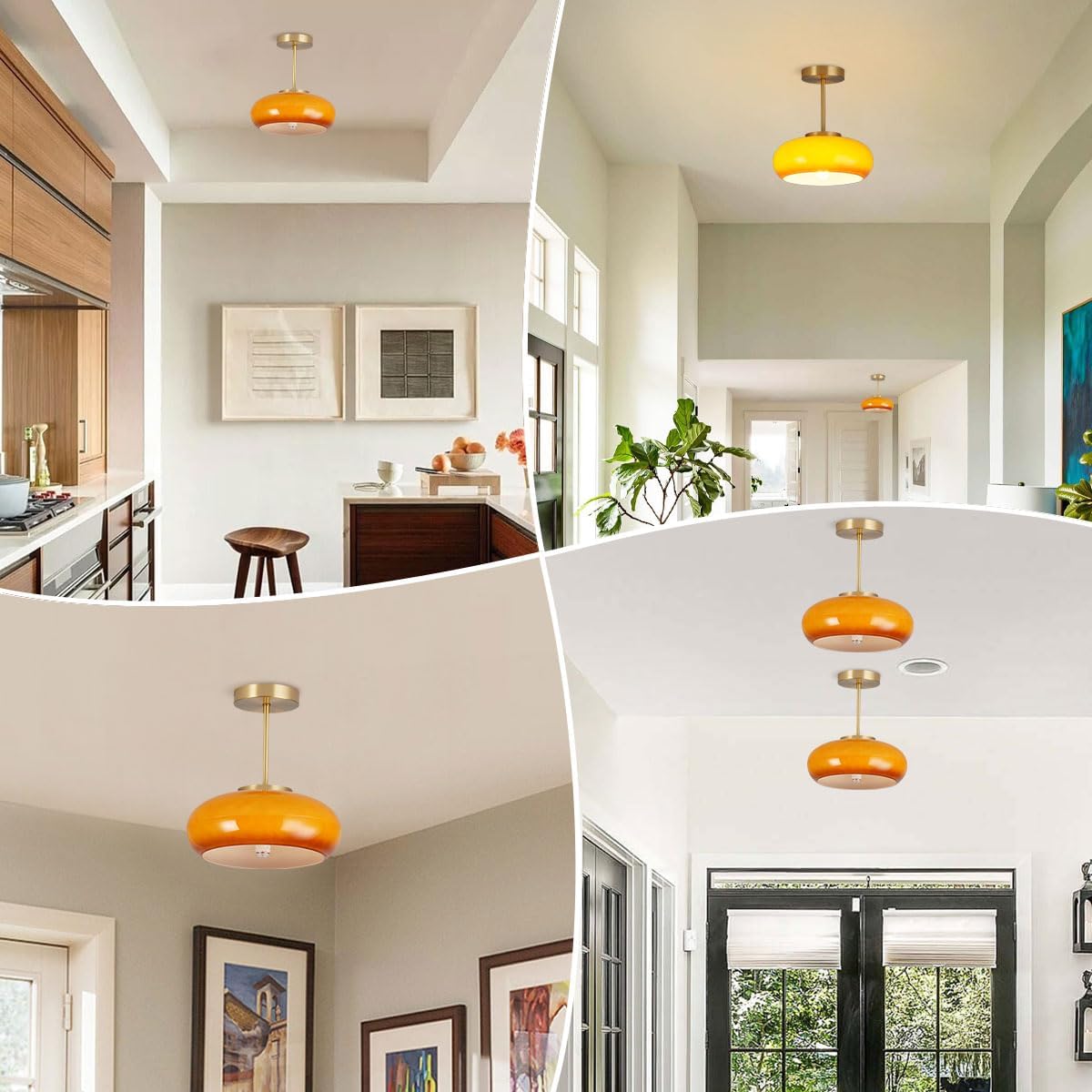 Milk Glass Flush Mount Ceiling Light mid Century Modern Ceiling Lights fixtures Dome Glass Shade Gold Brass Ceiling Light, Orange GlassCeiling Lamp for Hallway Dining Room Kitchen