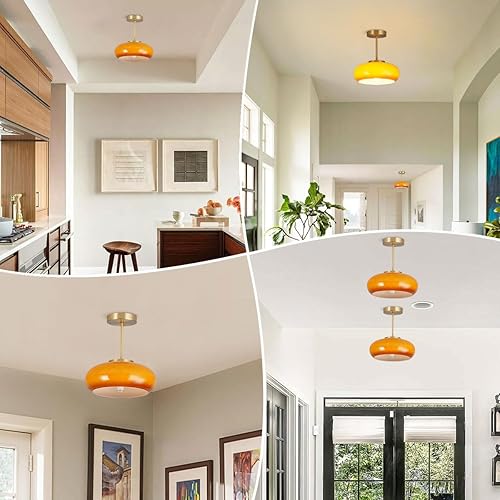Miniatura 6 de Qufute Lámpara de techo semiempotrada dorada de 1 lámpara de techo cerca de techo con pantalla de cristal de cúpula naranja lámpara de techo de