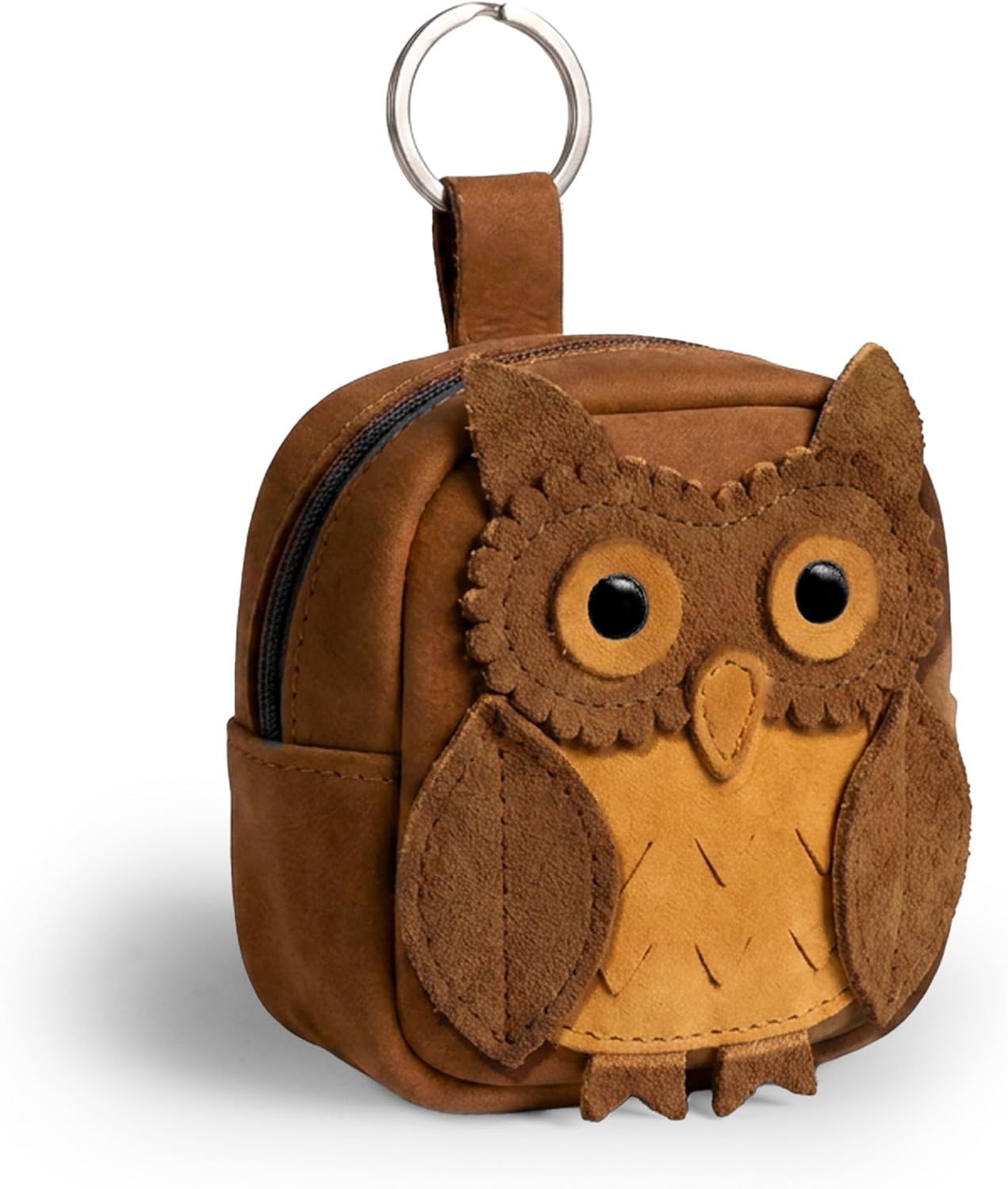Hide & Drink, Owl Mini Backpack Coin Purse, Cute Keychain, Owl-Shaped Case for Cables, Coins, Coins and Small Items, Full Grain Leather, Handmade, Swayze Suede