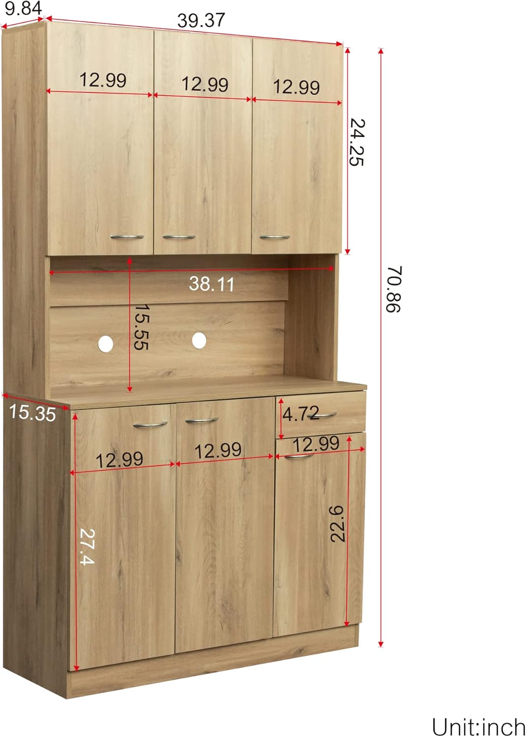 Kitchen Buffet Hutch Storage Cabinet, 70.86" Freestanding Pantry, Tall Wooden Cabinet With Doors and Adjustable Shelves, for Home, Living Room, Wood Color
