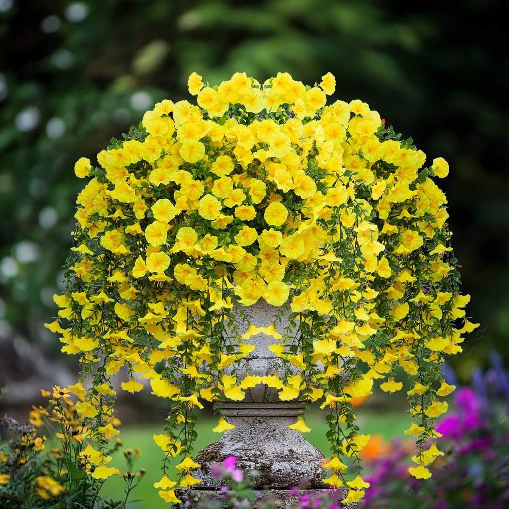 2Pcs Outdoor Faux Hanging Flowers Artificial Morning Glory with Eucalyptus Leaves UV Resistant Look Real Fake Plants for Outside Planter Porch Patio Balcony Yard Decor(Yellow)