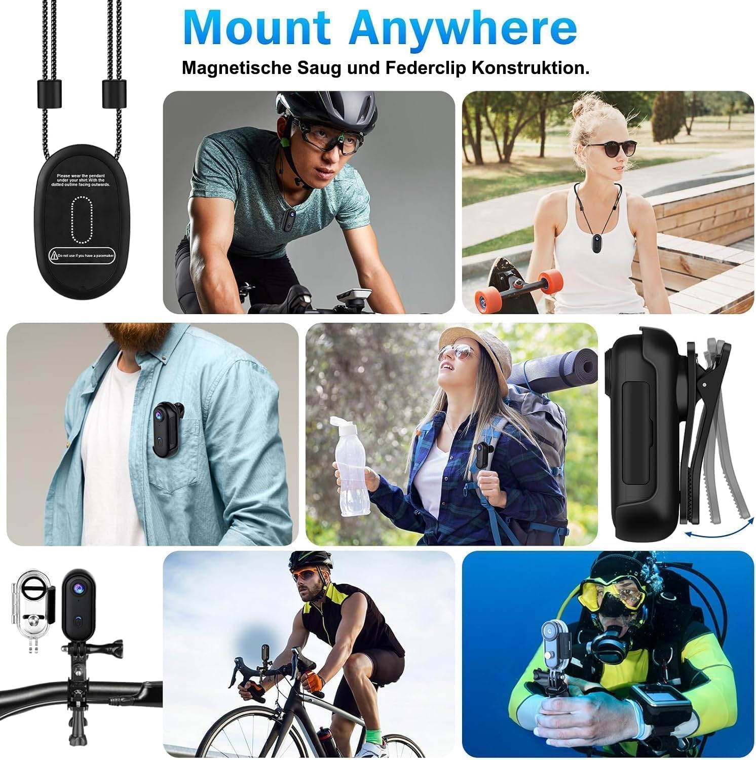 Action Cam 4K Mini Bodycam WLAN Magnetische Mini Körperkamera Ultra HD, POV Kopfkamera mit App, 360° Drehclip, IPX5 Wasserdicht, Dashcam Motorrad Fahrrad Helmkamera für Vlog Haustiere Sport Camera