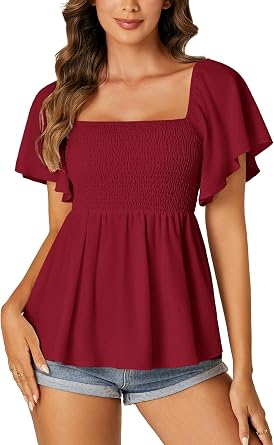 LYANER Womens Square Neck Cute Peplum Top | Ruffle Smocked Short Sleeve Ruched Flowy Casual Babydoll Blouse Top Shirts