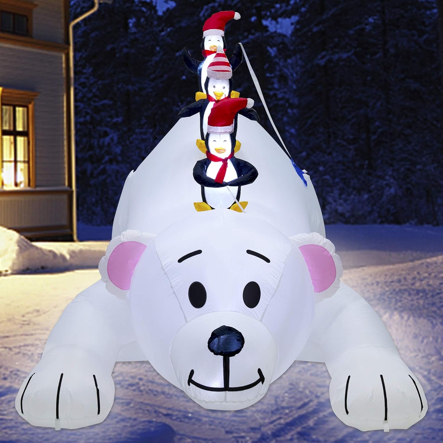 Juegoal Christmas 7.7(L) x 6 FT(H) Inflatables Lighted Polar Bear with Three Penguins, Blow Up White Bear Happy Fishing Penguin, Indoor Outdoor Xmas Winter Decor Lawn Yard Garden Decorations - Image 7