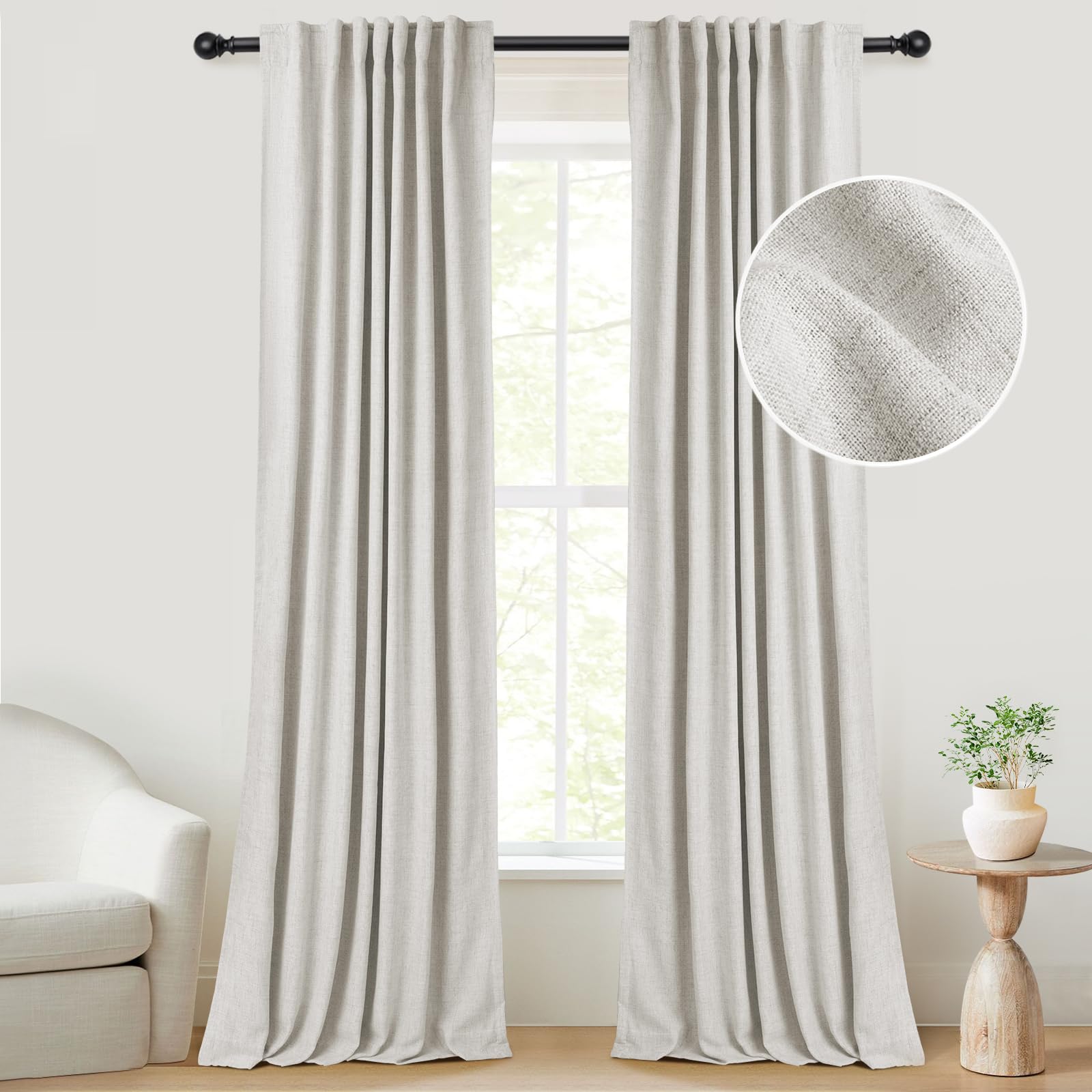 INOVADAY 100% Blackout Curtains 96 Inches Length 2 Panels Set, Back Tab/Rod Pocket Linen Black Out Curtains for Bedroom, Thermal Insulated Window Drapes - Beige, W50 X L96OEKO-TEX STANDARD 100