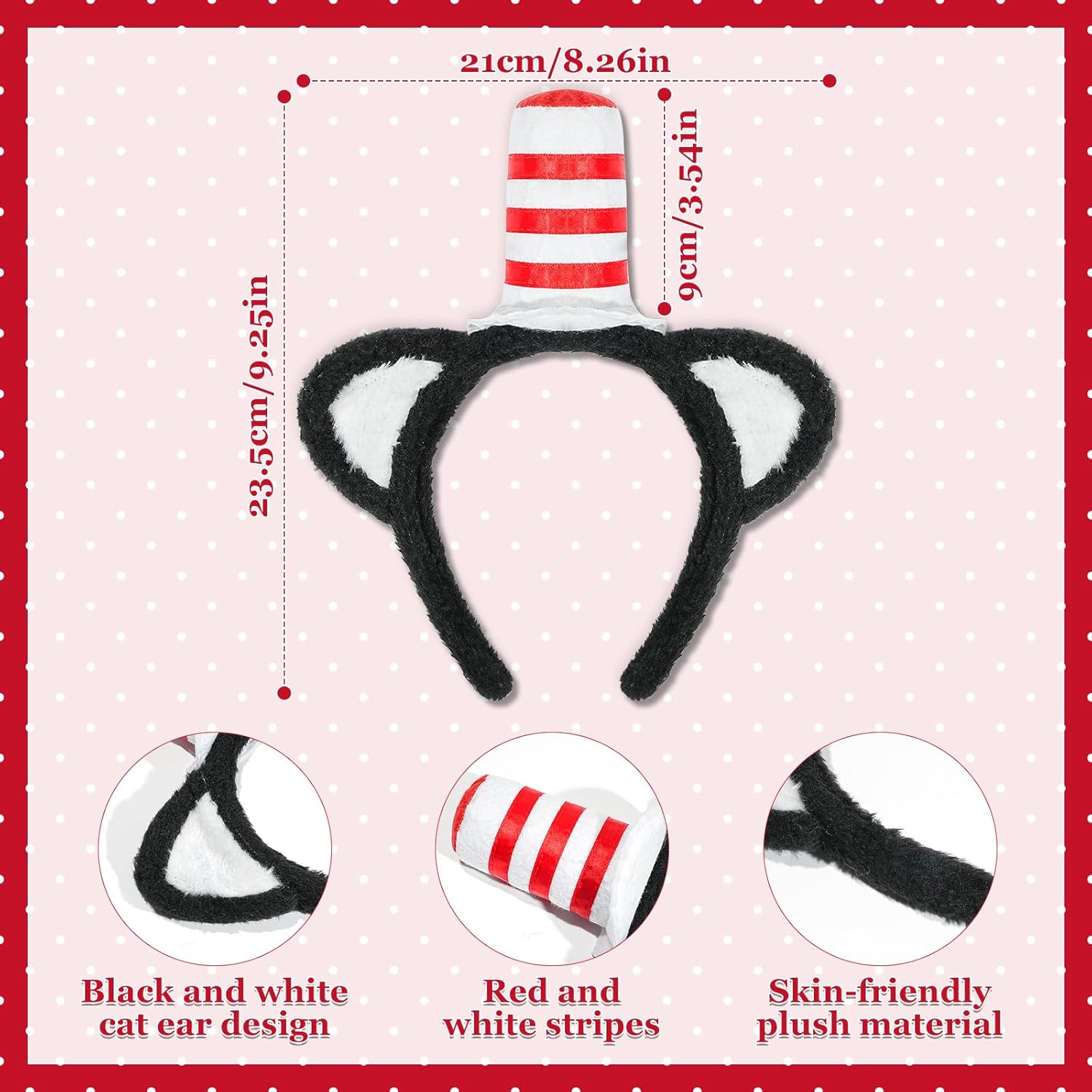 4pcs Cat Ears Headband Bow Tie Set-Bow Tie White Gloves Cat Face Stickers Red and White Headbands with Bow Tie, Cat Hat Costume Set for Book Character Day - Image 2