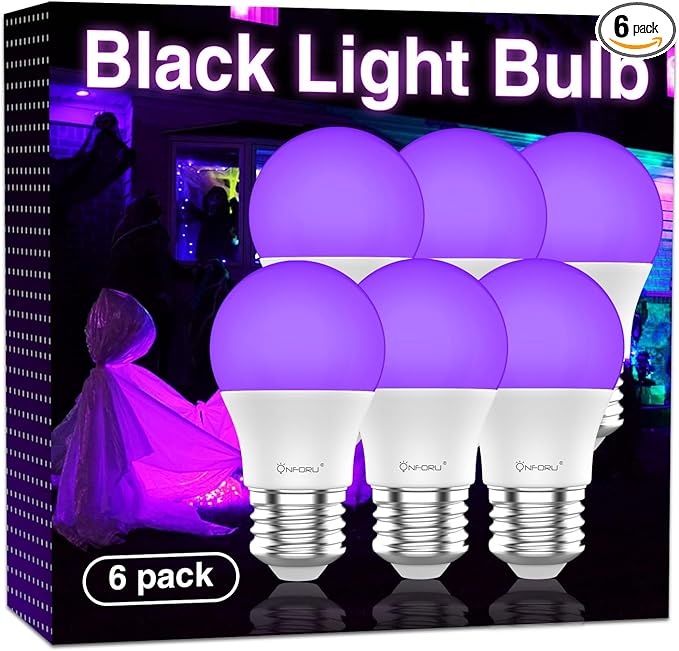 Onforu 15W LED Black Light Bulbs, A19 E26 Blacklight Bulb 120W Equivalent, Purple Bulb 385-400nm, Glow in The Dark for Halloween, Black Light Party, Body Paint, Fluorescent Poster, 6 Pack