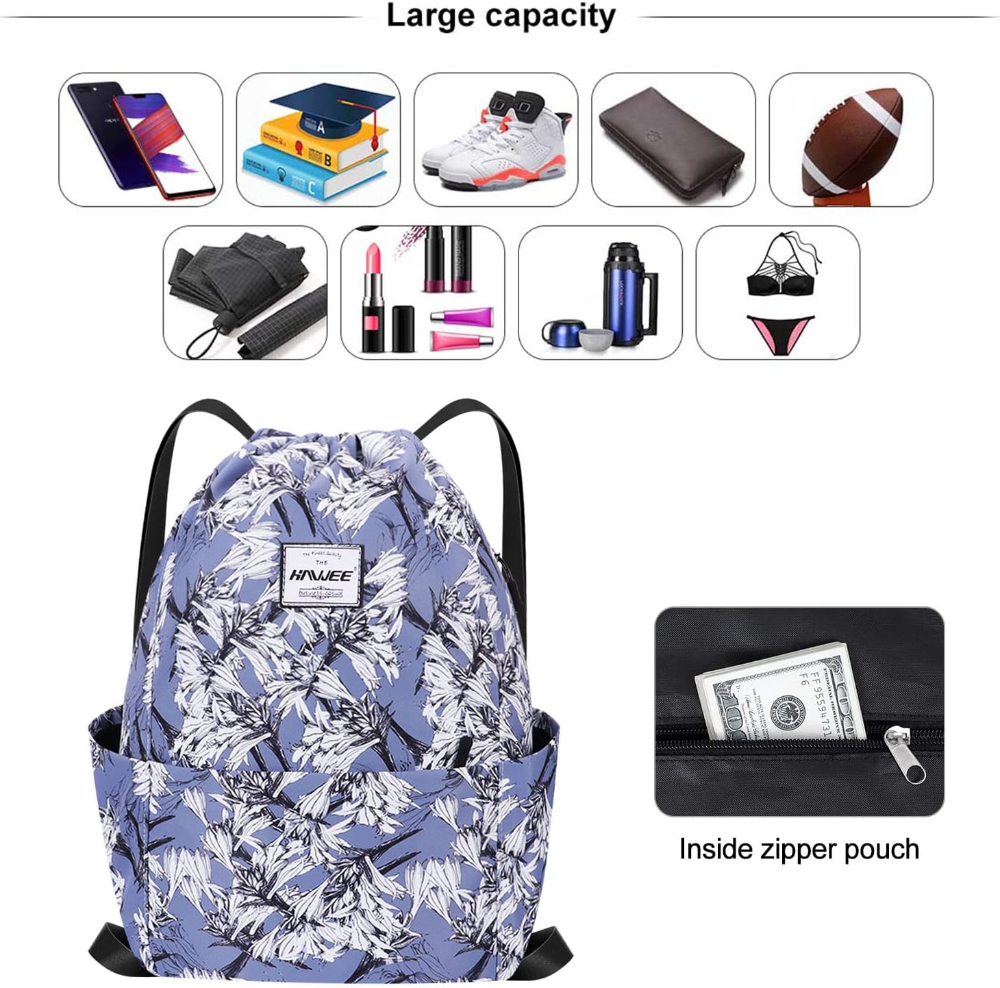 HAWEE Waterproof Drawstring Bags Backpack Large Gym Bag Drawstring Daypack Unisex for Women Men Daily Life Outdoor Casual Sport Yoga School Beach Swim - Image 4