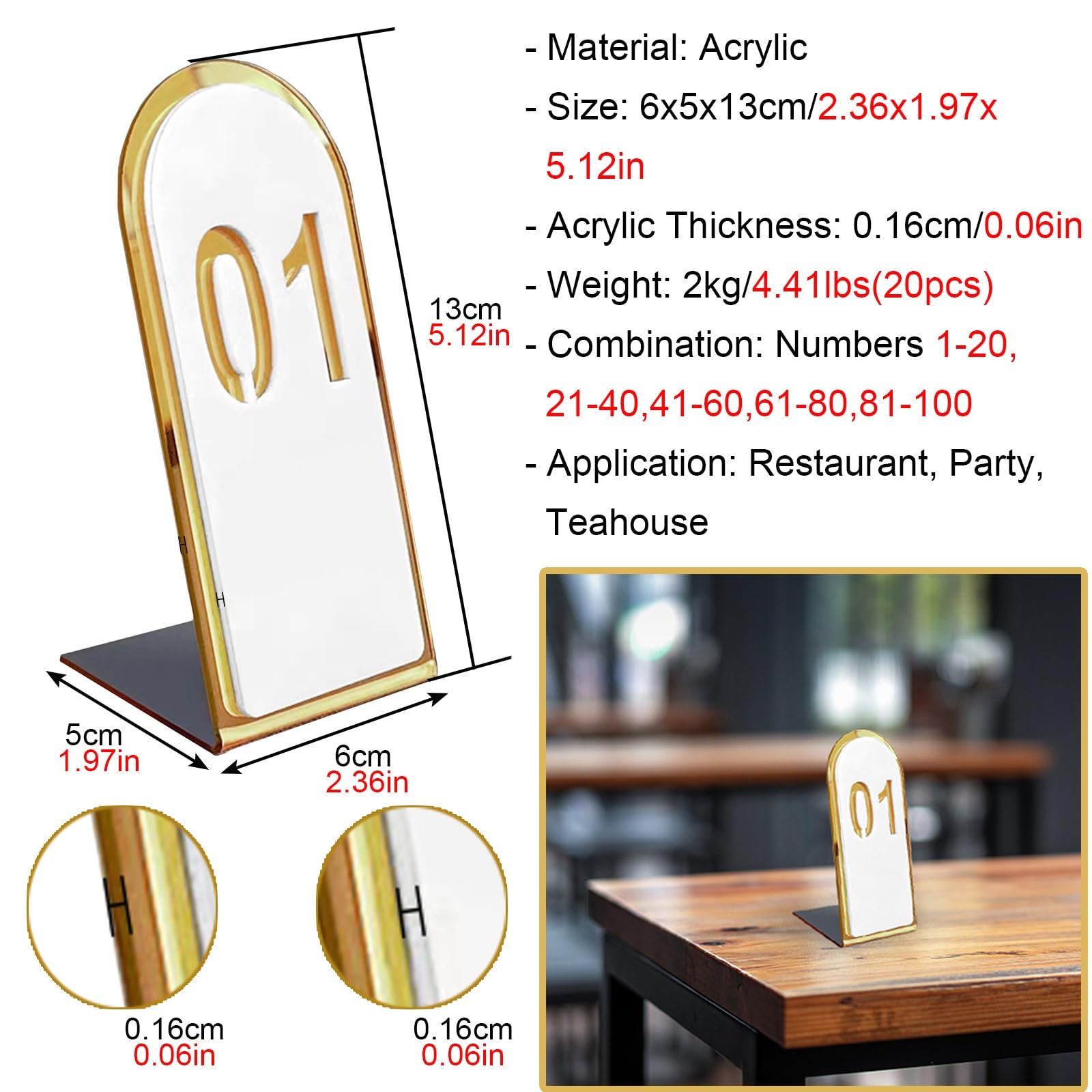 Números de la mesa Soportes Para Números De Mesa 6x13, Letreros De Mesa Doble Acrílico Con Número 20 30 50 Para Banquetes De Boda En Navidad, Portatarjetas De Mesa De Diseño Inclinado ( Color : 6x13cm