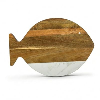 Creative Gifts International Fish Animal Block | 12" White Marble and Acacia Wood Charcuterie Platter | Cutting Board Serving Tray | Durable Elegant Kitchen Display