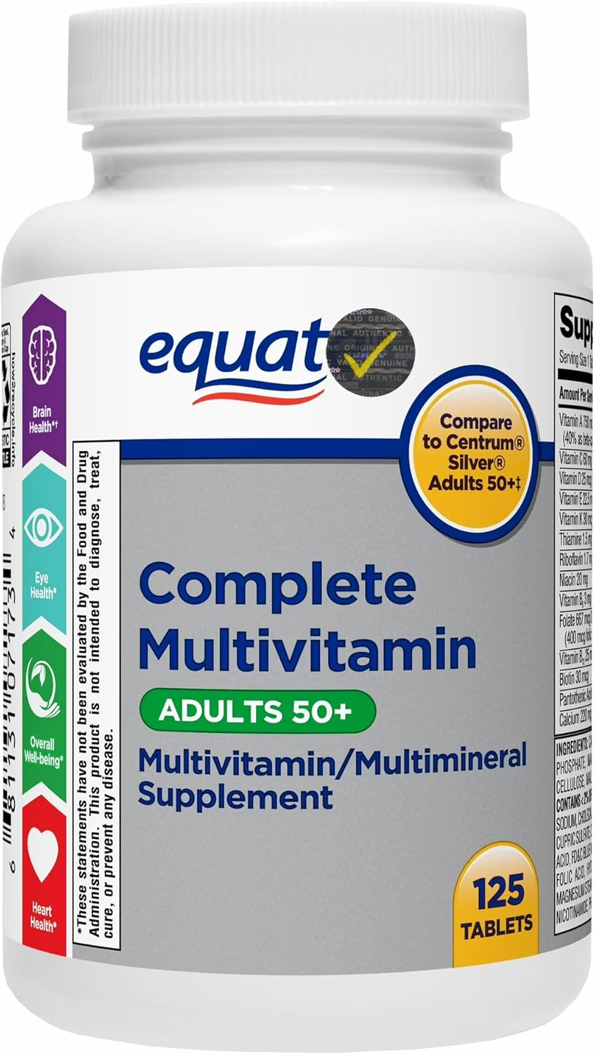Equate 50+ Daily Multivitamin Supplement Tablets (120 Count) – Complete Multimineral Formula for Men & Women, + QC Sticker