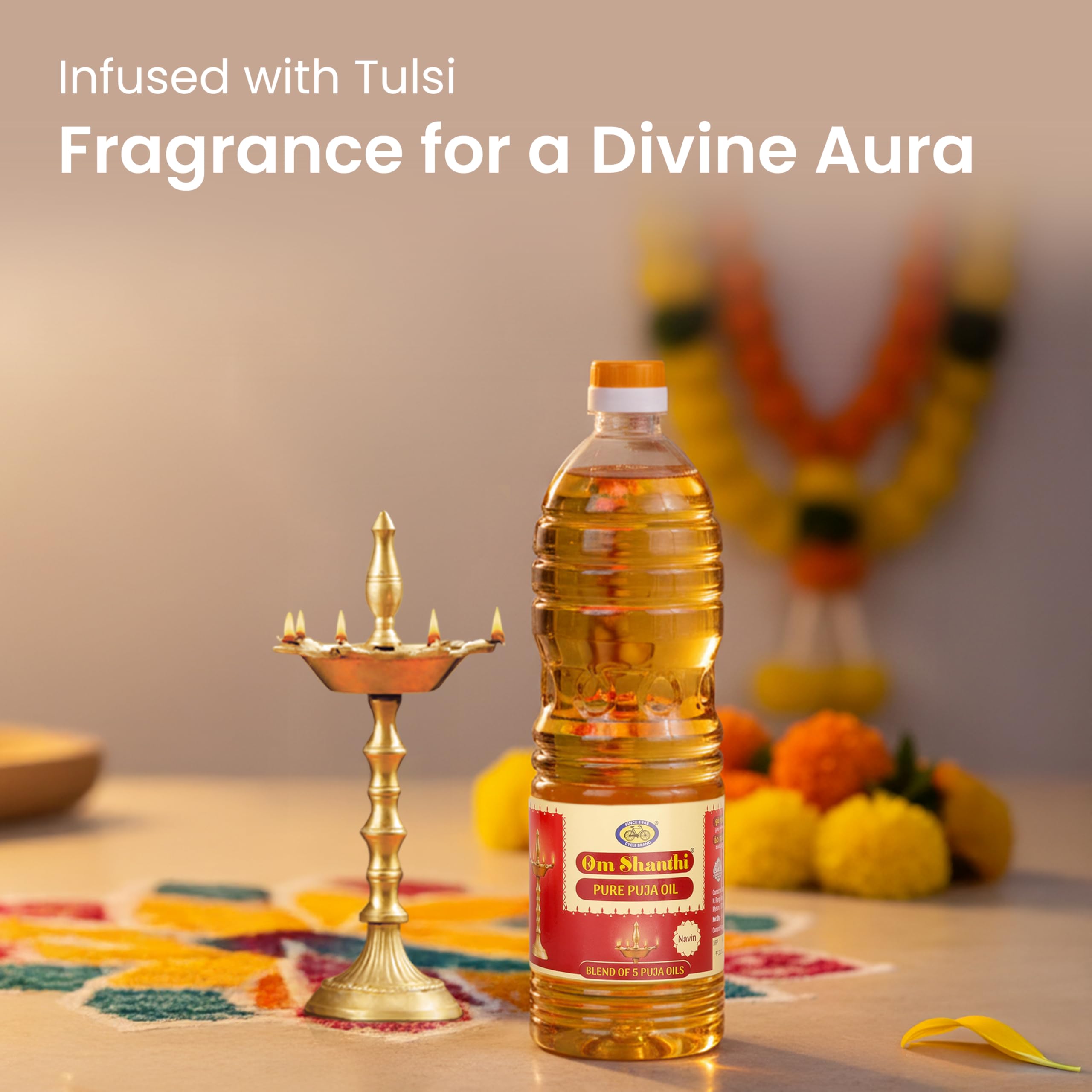Om Shanthi POOJA MADE PURE Cycle Navin Puja Oil (Diya/Lamp Oil), Blend of 5 Puja Oils with the Fragrance of Tulsi for Daily Puja, Festivals - Pack of 1/1 Liter Per Pack 2