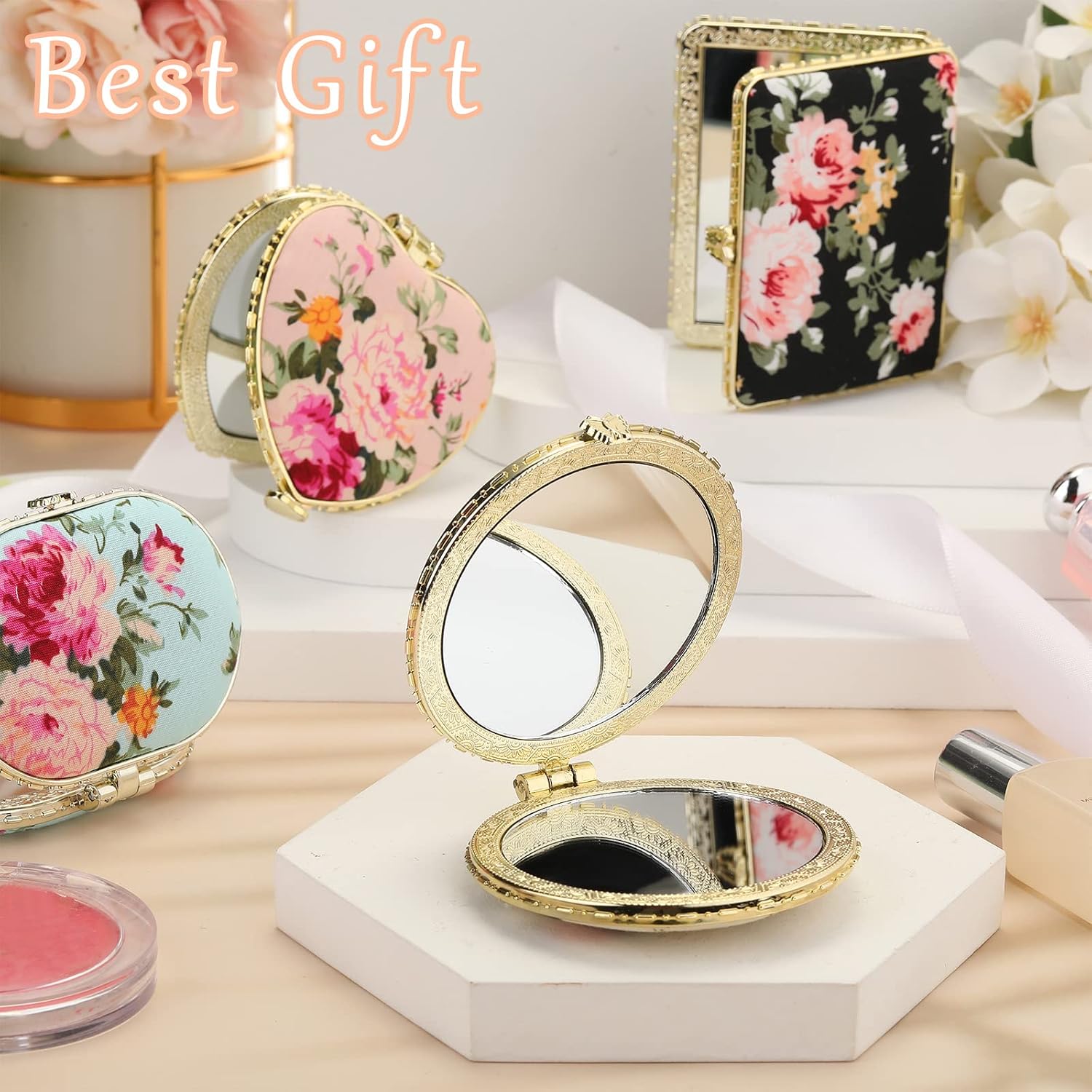 Blulu 8 Pieces Compact Mirror Bulk for Purse Flower Small Floral Retro Folding Portable Pocket Mirror Makeup Vintage for Mother's Day Women Travel Tea Party Birthday Gift(Gold Edge)