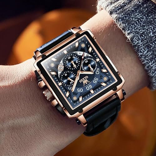 Miniatura 5 de OLEVS Relojes cuadrados para hombre, cronógrafo de cuero marrón, reloj de negocios de moda, luminoso, impermeable, relojes de pulsera casuales