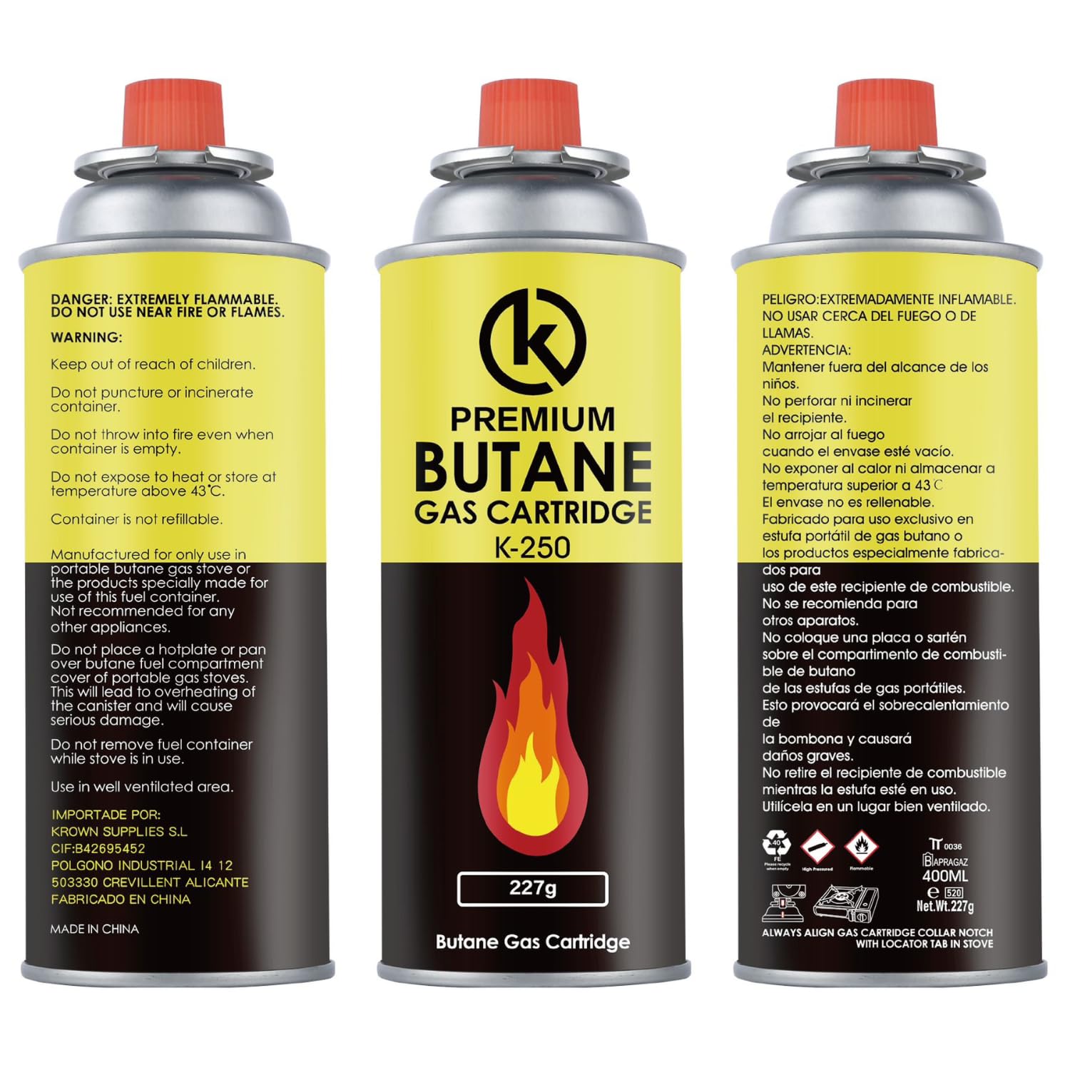 KROWN - Pack de Cartuchos K-250 de Gas Butano 227g para Hornillos Quemadores, Cartucho de Gas para Camping K-250, Bombonas para Sopletes (12 Unidades)
