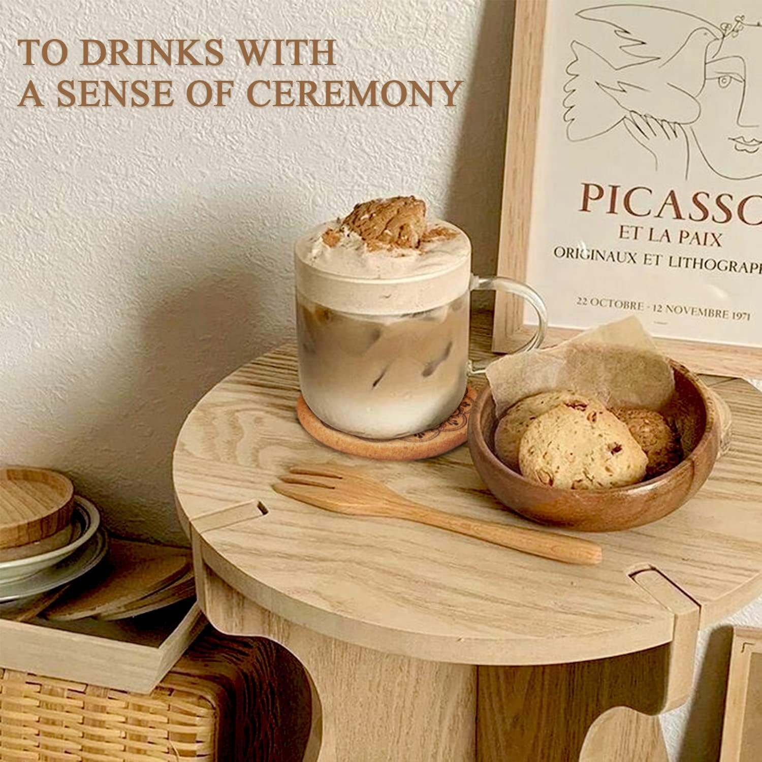 Coomin Cork Coasters, Extra Thick Cork Coasters with Holder, 8 Pcs Farmhouse Coasters for Coffee Table, Wooden Table, Heat-Resistant Coasters for Drinks