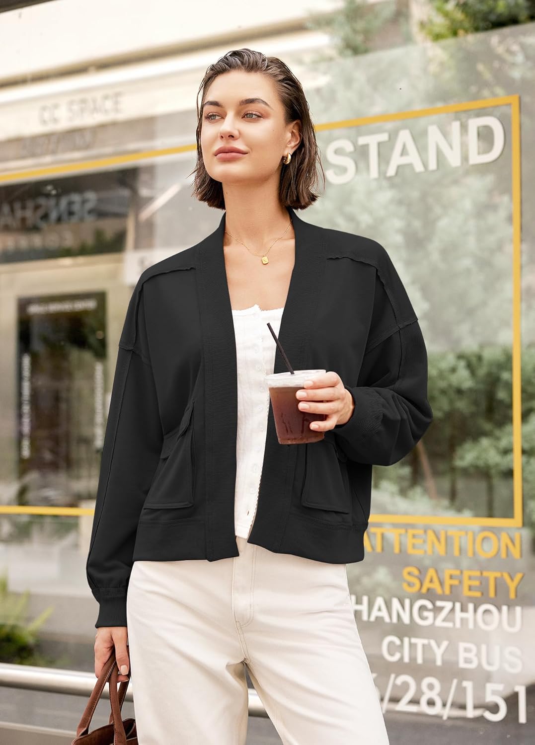 Panadila Womens Cropped Jackets Oversized Cardigans Long Sleeve Open Front Sweatshirt Cardigan Fall Coats