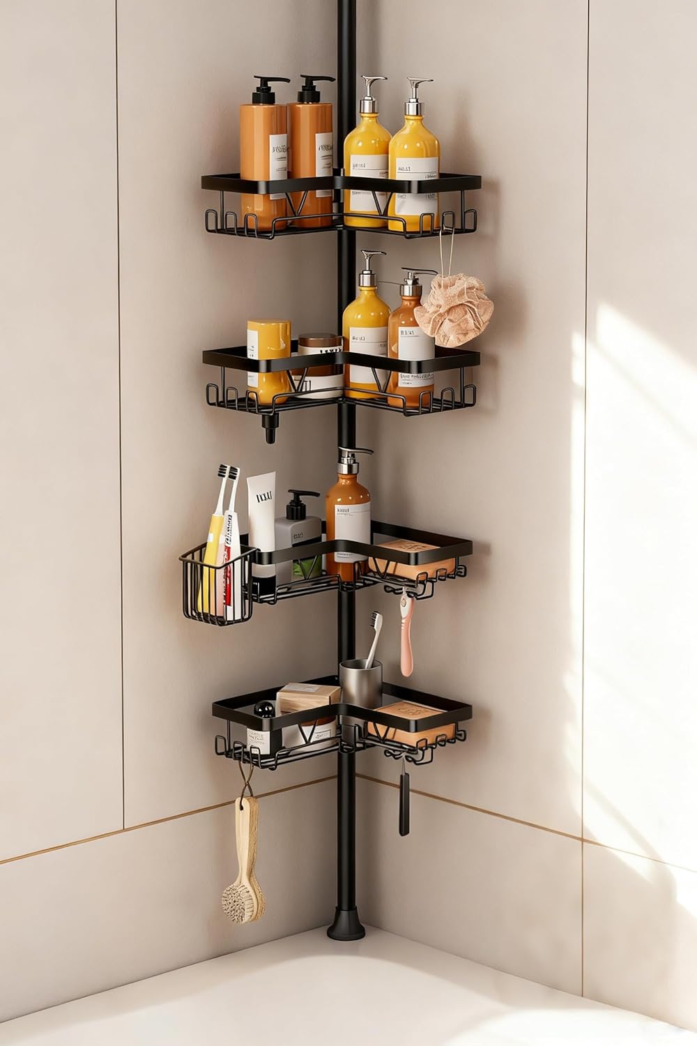 KEGII Corner Shower Caddy Tension Pole with Toothbrush Holder, Adjustable Bathroom Organizer Shelf, Floor to Ceiling Shower Organizer 25-114.2 Inch, Bathtub Storage Rack for Renters, Family