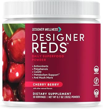 Designer Wellness, Designer Reds, Daily Superfood Powder with Beet Root, Support for Energy, Stress, Immune Health, Heart Health, and Digestive Health, Cherry Berry, 30 Servings
