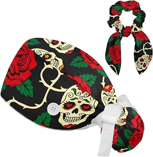 FVQL 2 Pieces Surgical Cap for Long Hair Scrub Cap with Hairband Nurse Cap, Rose and Skull