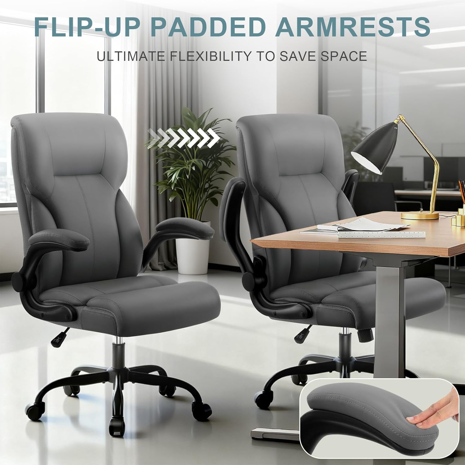 Executive Office Chair,High Back Ergonomic Comfy Desk Chair with Padded Flip-up Armrests and Wheels,PU Leather Heavy Duty Computer Swivel Rolling Task Chair for Home Office,Adults,Gray