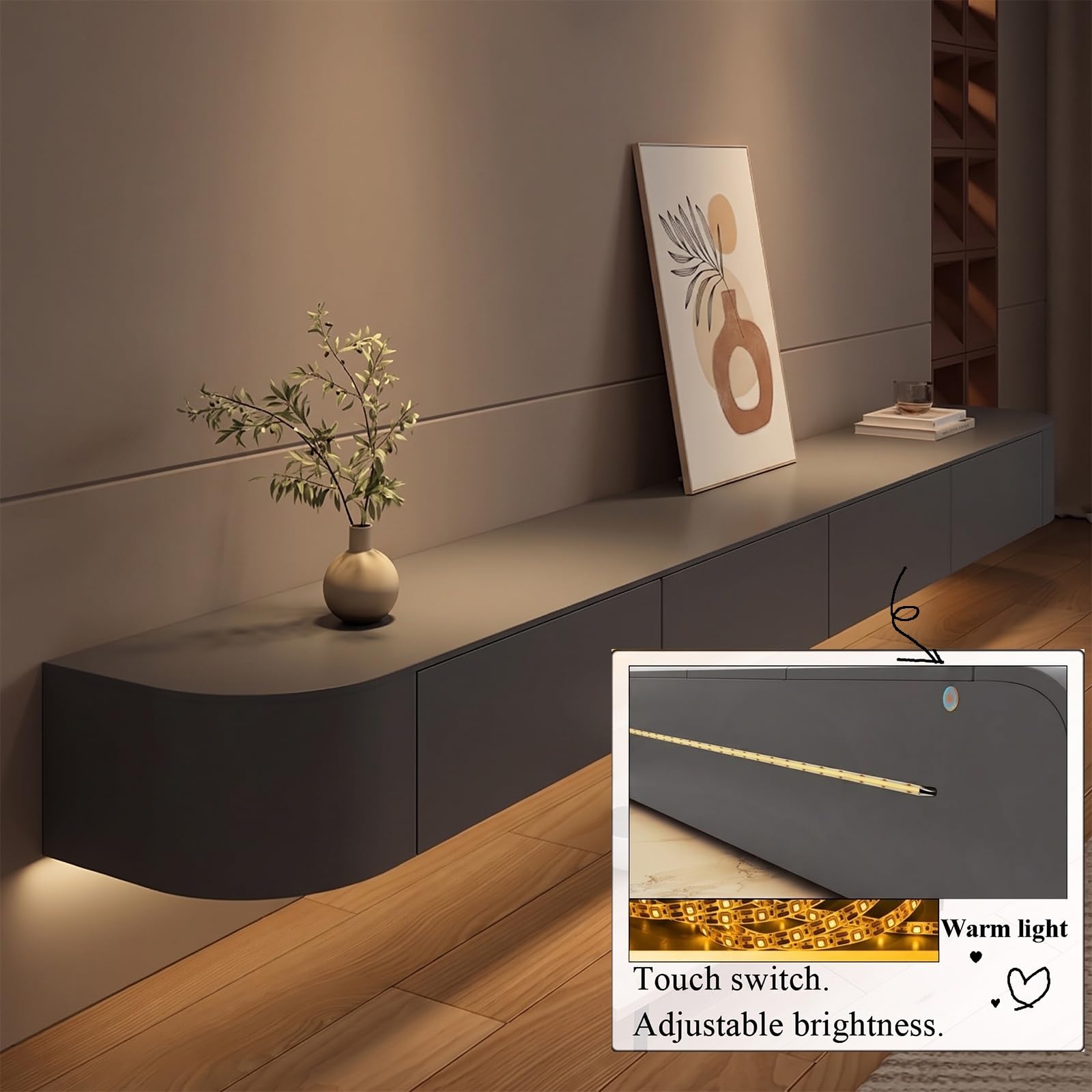 Mobile sospeso tv con 4 cassettiera,Console Multimediale camera da letto, hall, hotel, sala intrattenimento,mobili soggiorno supporto tv 220CM|86.6" Grigio