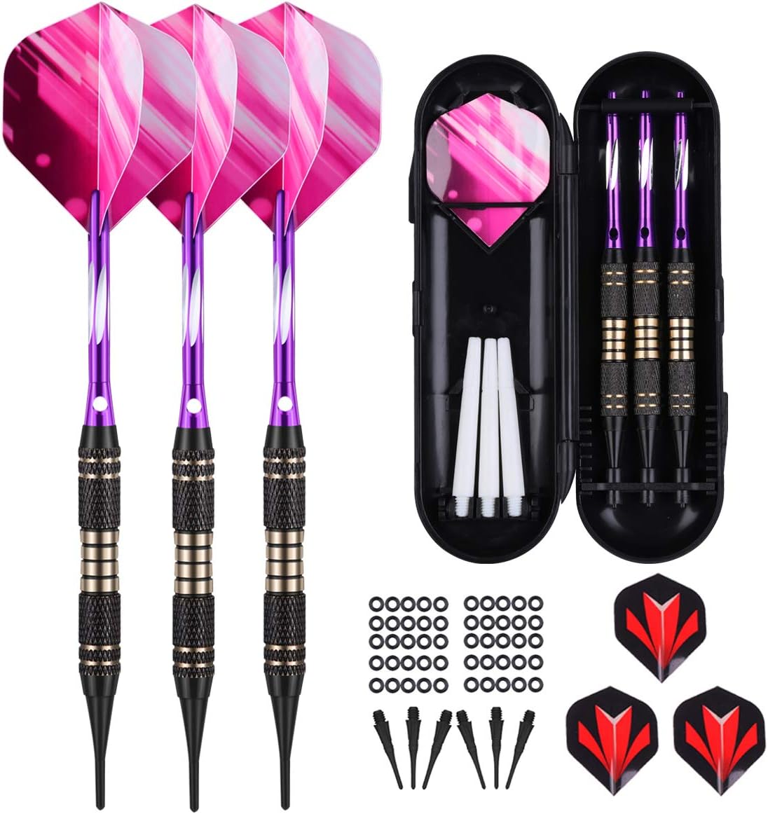 Soft Tip Darts Set 18 Grams for Electronic Dartboard - Professional Brass Barrel with Purple Blue Aluminum Shafts Flights Extra 30 Tips 50 Anti-loose Rubber O-rings
