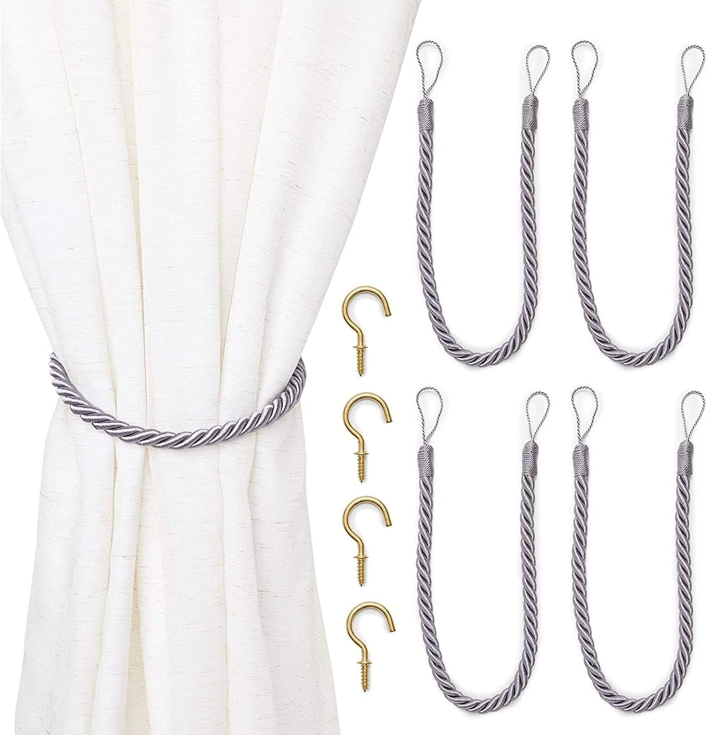 Light Grey Rope Curtain Tiebacks with Hooks, Holdbacks for Drapes (26 in, 2 Pairs)