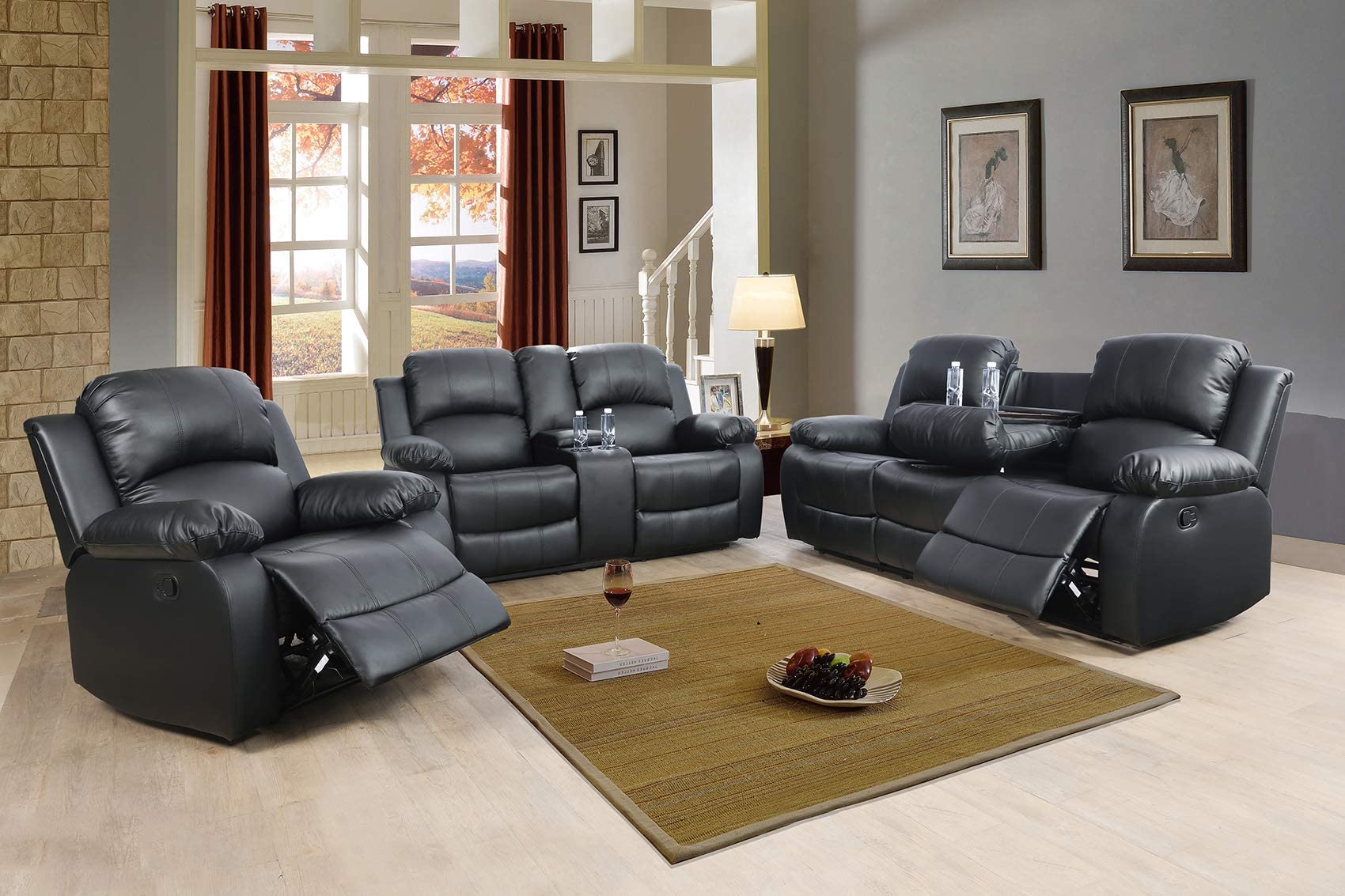 3 PCS Living Room Set, Faux Leather Recliner Sofa Set, Recliner Sofa Couch, Loveseat and Chair (Black)
